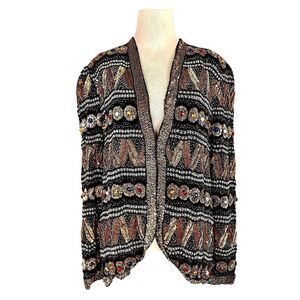 Vintage JP Fashions India Beaded Sequin Cardigan Gold Geometric XL